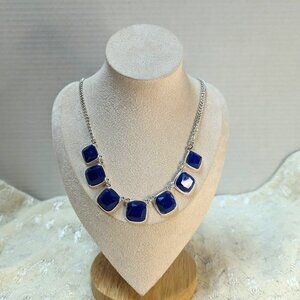 Liz Claiborne Necklace Navy Blue Resin Square Faceted Stones Silver Tone 17-20"